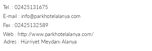 Alanya Park Hotel telefon numaralar, faks, e-mail, posta adresi ve iletiim bilgileri